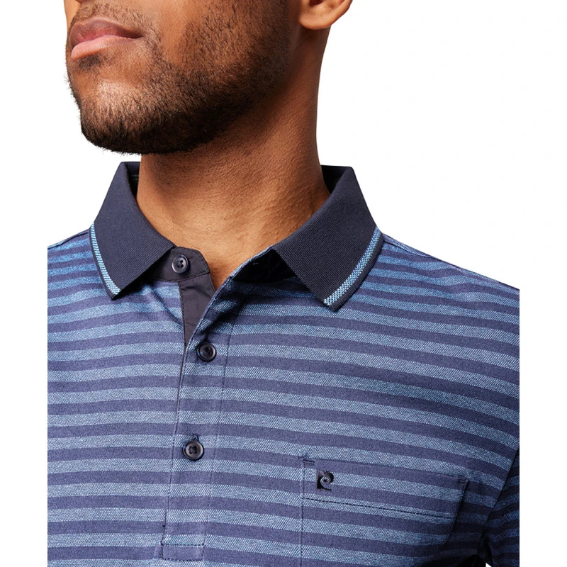 Pierre Cardin Polo Lange Mouwen | Jeansblauw Gestreept | www.pietkoopmans.nl