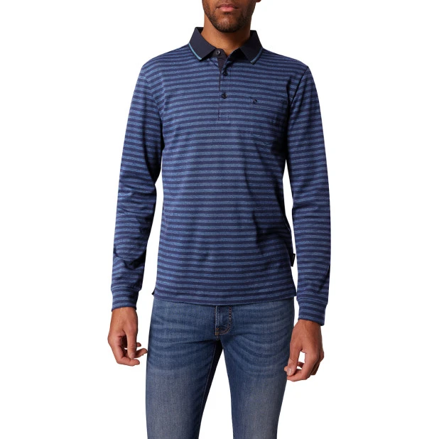 Pierre Cardin Polo Lange Mouwen | Jeansblauw Gestreept | www.pietkoopmans.nl