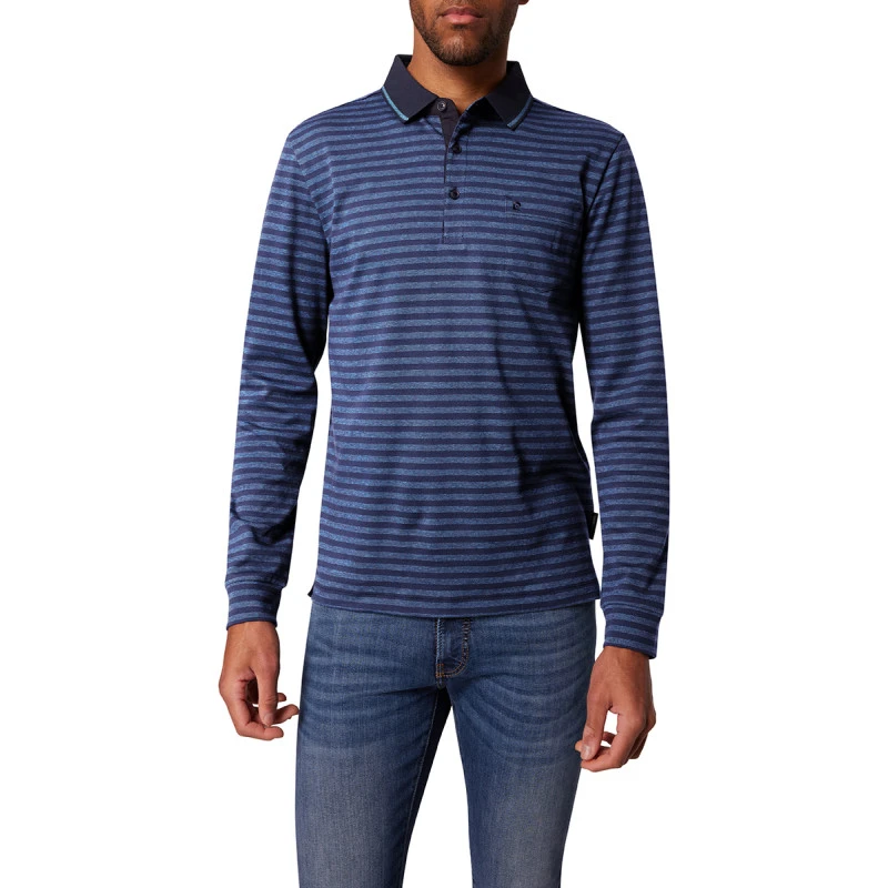 Pierre Cardin Polo Lange Mouwen | Jeansblauw Gestreept | www.pietkoopmans.nl