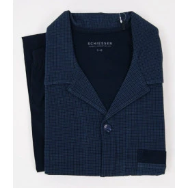 Schiesser Doorknoop Pyjama Tricot | Blauw Geruit