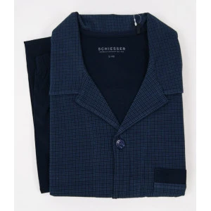 Schiesser Doorknoop Pyjama Tricot | Blauw Geruit