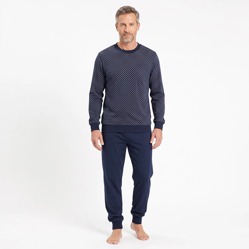 Lange Schiesser Pyjama Tricot | Donkerblauw Stip | www.pietkoopmans.nl