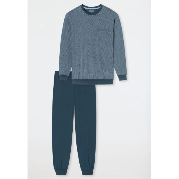 Schiesser Pyjama Ronde Hals| Blauw Grijs Print | www.pietkoopmans.nl