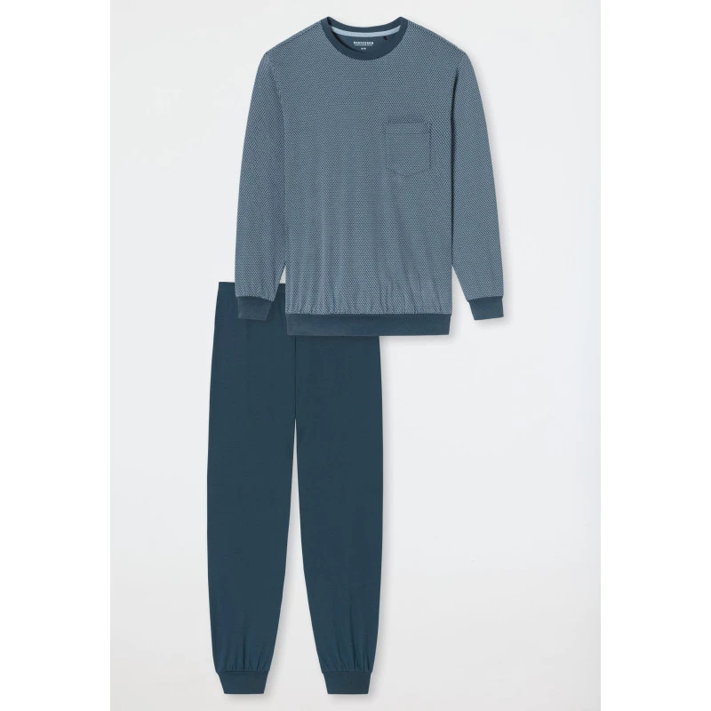Schiesser Pyjama Ronde Hals| Blauw Grijs Print | www.pietkoopmans.nl