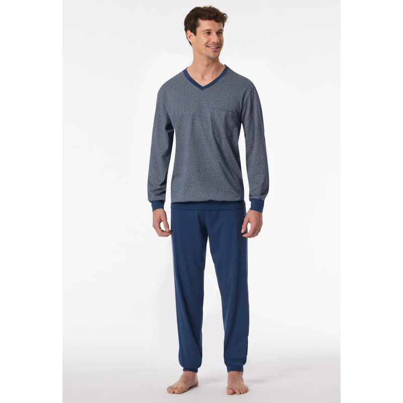 Lange Pyjama Schiesser Heren | Blauwe Print  | www.pietkoopmans.nl