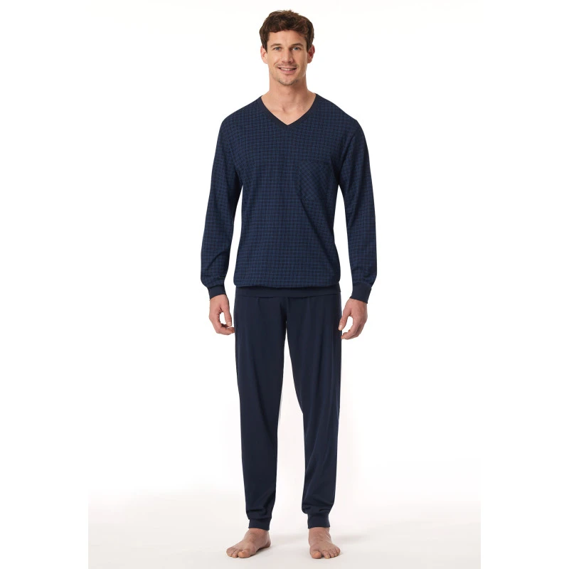 Lange Pyjama Schiesser Heren | Marine  Ruit  | www.pietkoopmans.nl