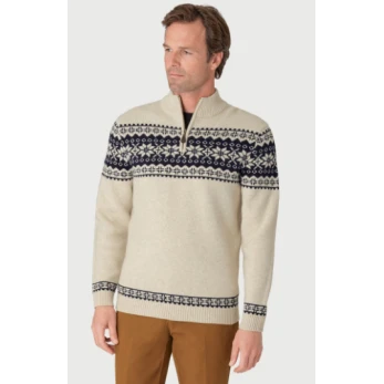 Howard Ecru Fairisle Zip Neck Jumper | Oatmeal | www.pietkoopmans.nl