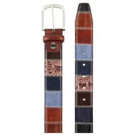Lindenmann Lederen Patchwork Riem | Bruin Blauw