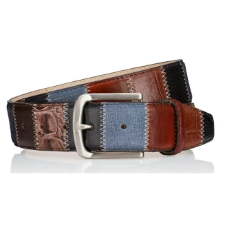 Lindenmann Lederen Patchwork Riem | Bruin Blauw | www.pietkoopmans.nl