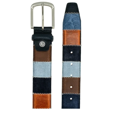 Lindenmann Lederen Patchwork Riem | Blauw Lichtblauw| www.pietkoopmans.nl