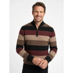 Baileys Zip Lamswollen Trui | Bordeaux Beige Gestreept