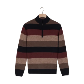 Baileys Zip Lamswollen Trui | Bordeaux Beige Gestreept