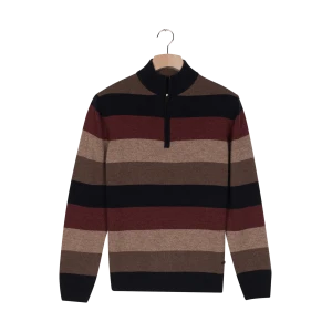 Baileys Zip Lamswollen Trui | Bordeaux Beige Gestreept