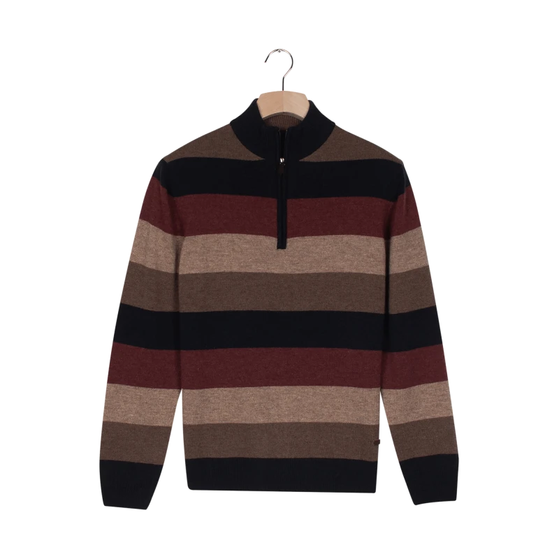 Baileys Zip Lamswollen Trui | Bordeaux Beige Gestreept | www.pietkoopmans.nl