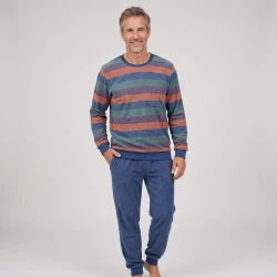Hajo Badstof Herenpyjama | Indigo Oranje Gestreept