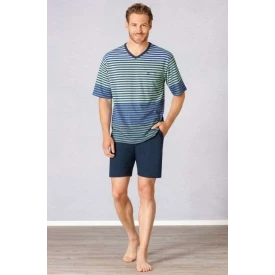 Hajo Shortama V Hals | Blauw Groen Strepen