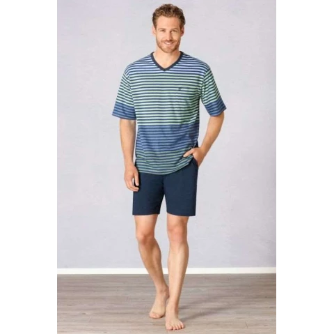 Hajo Shortama V Hals | Blauw Groen Strepen | www.pietkoopmans.nl