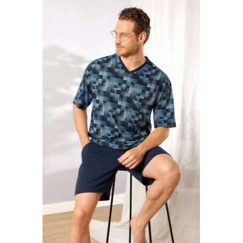 Hajo Pyjama Korte Mouwen | Print Blauw | Rood Gestreept | www.pietkoopmans.nl
