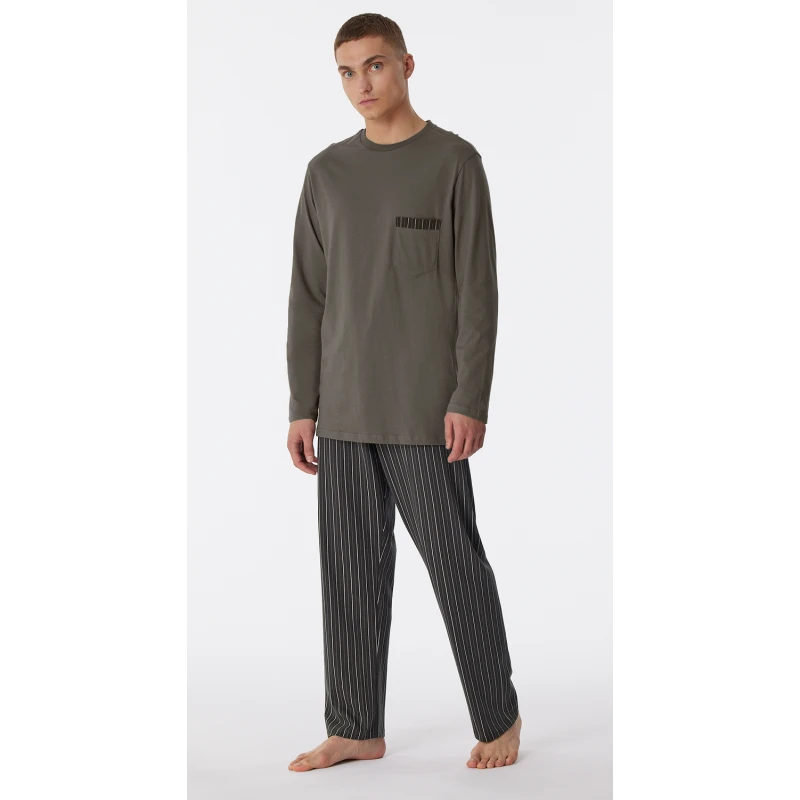 Lange Schiesser Pyjama Tricot | Taupe Streep | www.pietkoopmans.nl