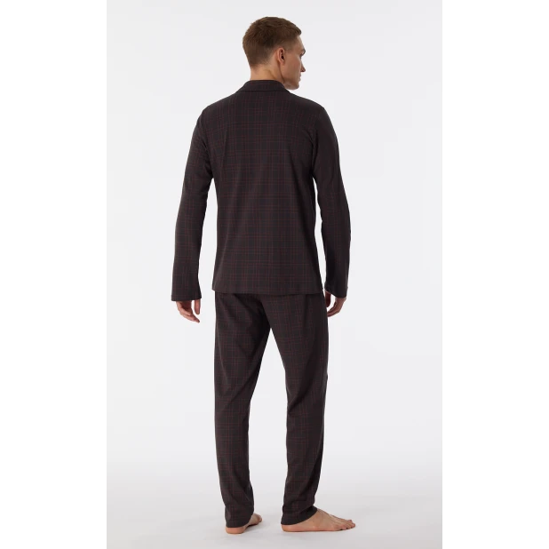 Schiesser Doorknoop Pyjama Tricot | Antraciet Ruit | www.pietkoopmans.nl