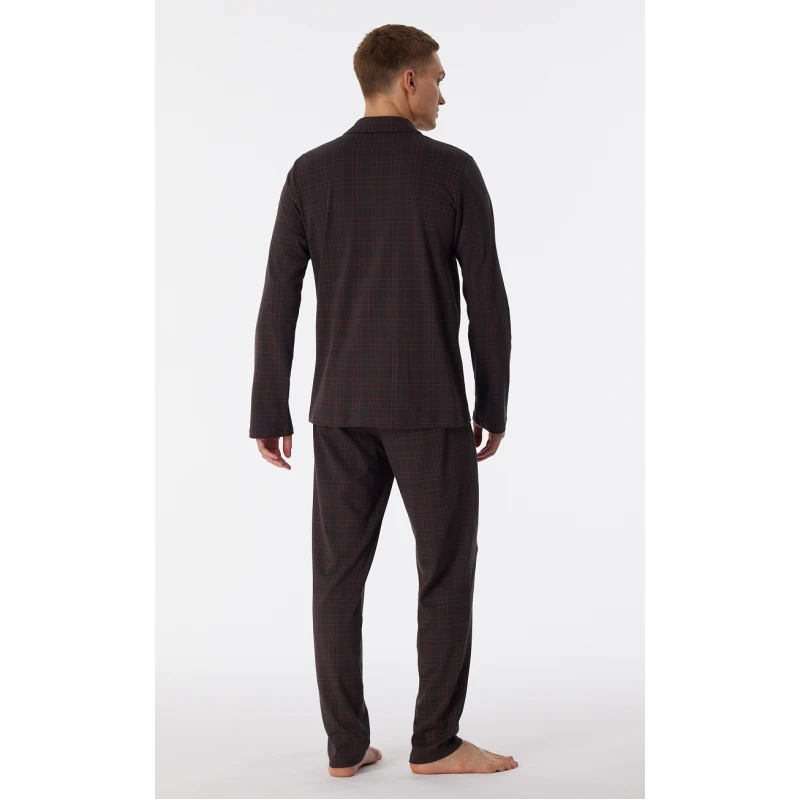 Schiesser Doorknoop Pyjama Tricot | Antraciet Ruit | www.pietkoopmans.nl