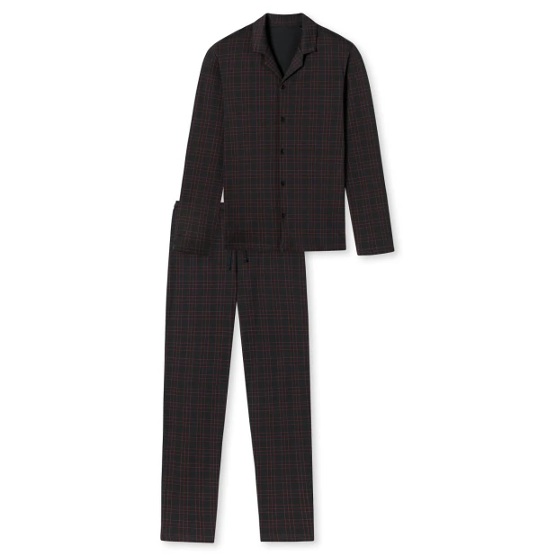 Schiesser Doorknoop Pyjama Tricot | Antraciet Ruit | www.pietkoopmans.nl