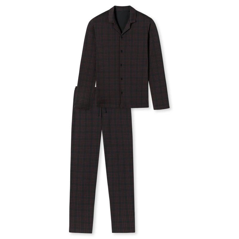 Schiesser Doorknoop Pyjama Tricot | Antraciet Ruit | www.pietkoopmans.nl