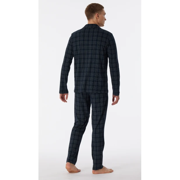 Schiesser Doorknoop Pyjama Tricot | Marine Ruit | www.pietkoopmans.nl