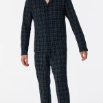 Schiesser Doorknoop Pyjama Tricot | Marine Ruit | www.pietkoopmans.nl