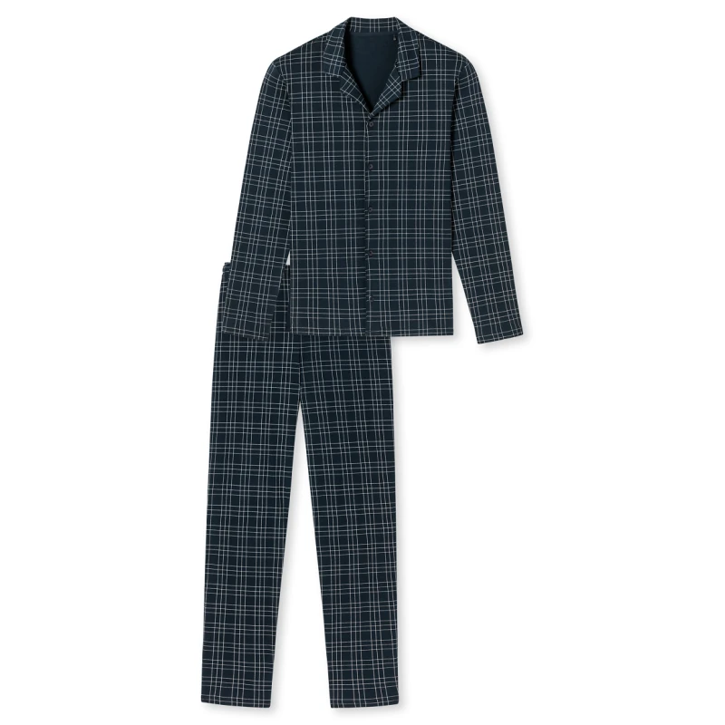 Schiesser Doorknoop Pyjama Tricot | Marine Ruit | www.pietkoopmans.nl