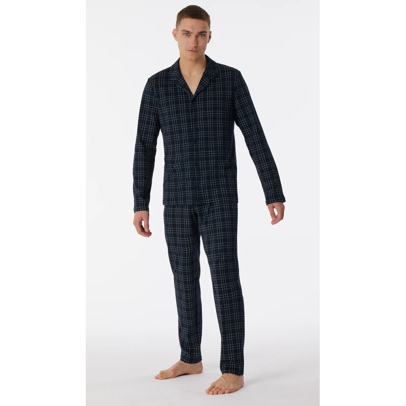 Schiesser Doorknoop Pyjama Tricot | Marine Ruit | www.pietkoopmans.nl