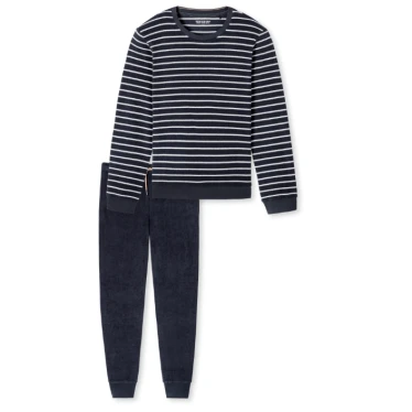 Schiesser Badstof Heren Pyjama | Blauw Gestreept | www.pietkoopmans.nl