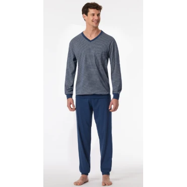 Lange Pyjama Schiesser Heren | Blauwe Print  | www.pietkoopmans.nl